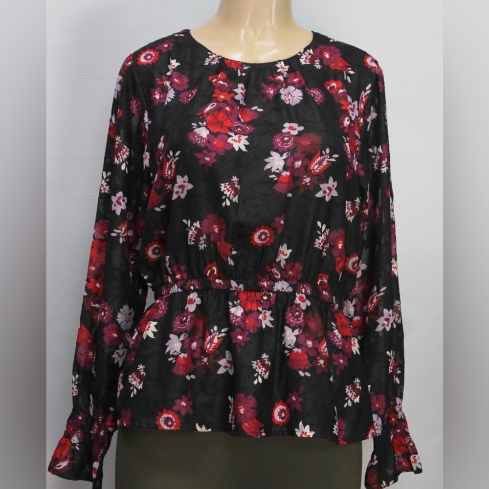 Ann Taylor Black and Pink Floral Blouse Size XL